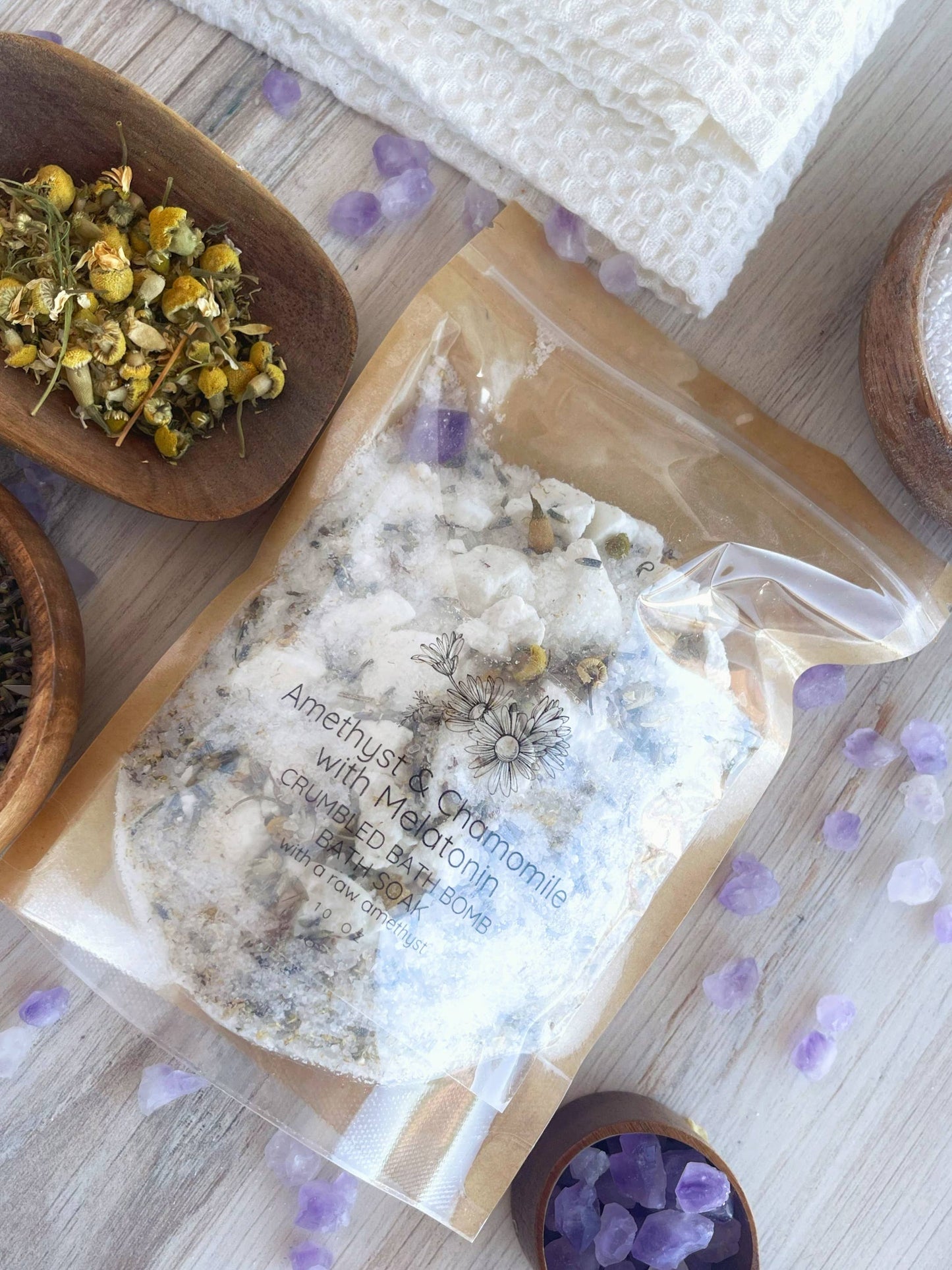 Amethyst, Chamomile & Melatonin Crumbled Bath Bomb Bath Soak
